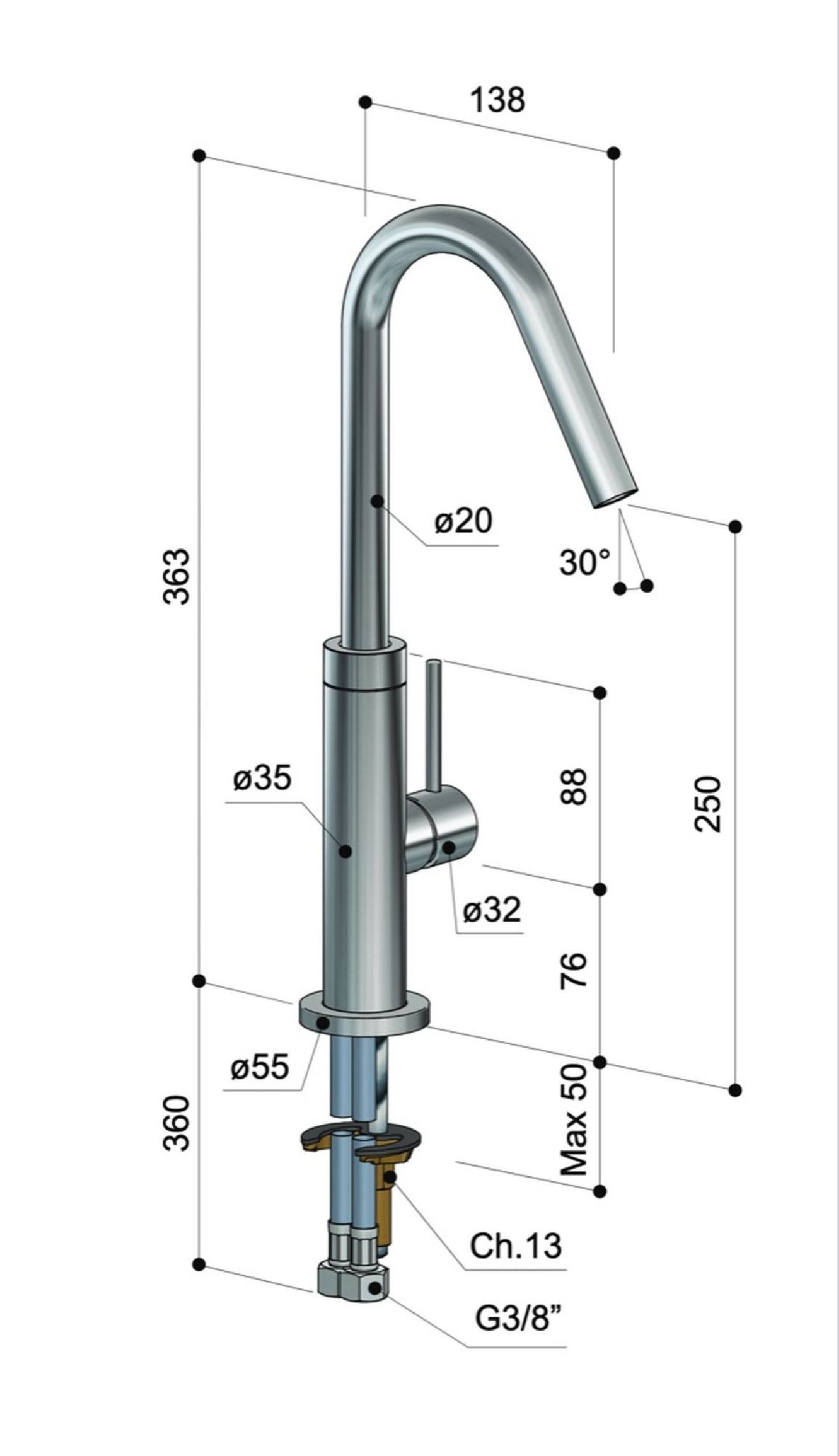 Mitigeur de lavabo en inox 316 W30H de fontealta