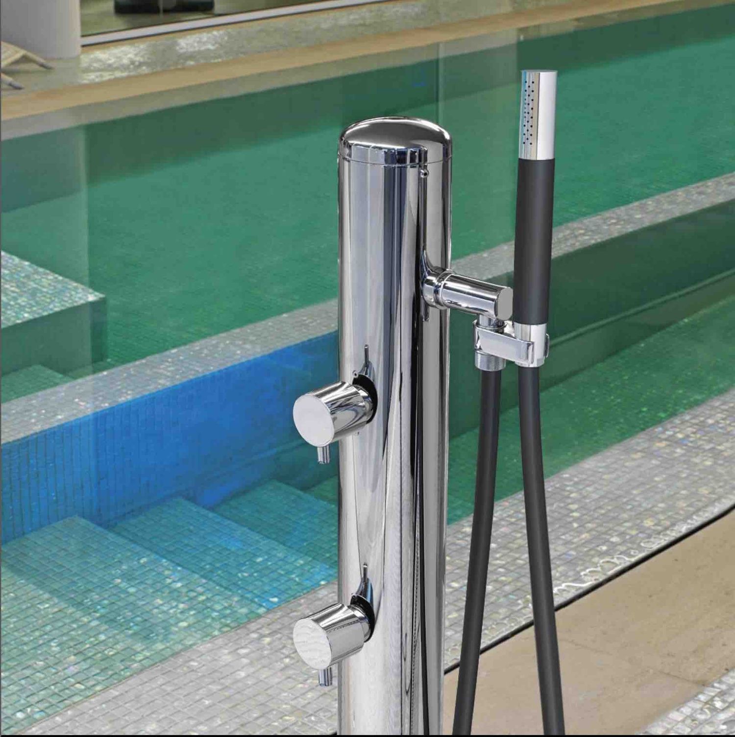 Douche piscine inox avec douchette rince-pieds -  Sping COL90.2